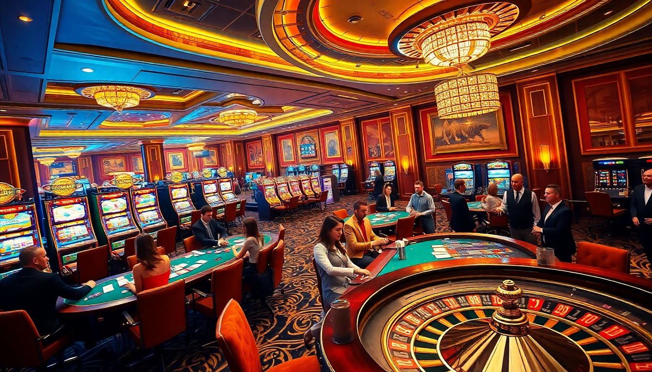 Gamble with excitement at ALo789, showcasing a vibrant casino scene with poker tables and roulette wheel.
