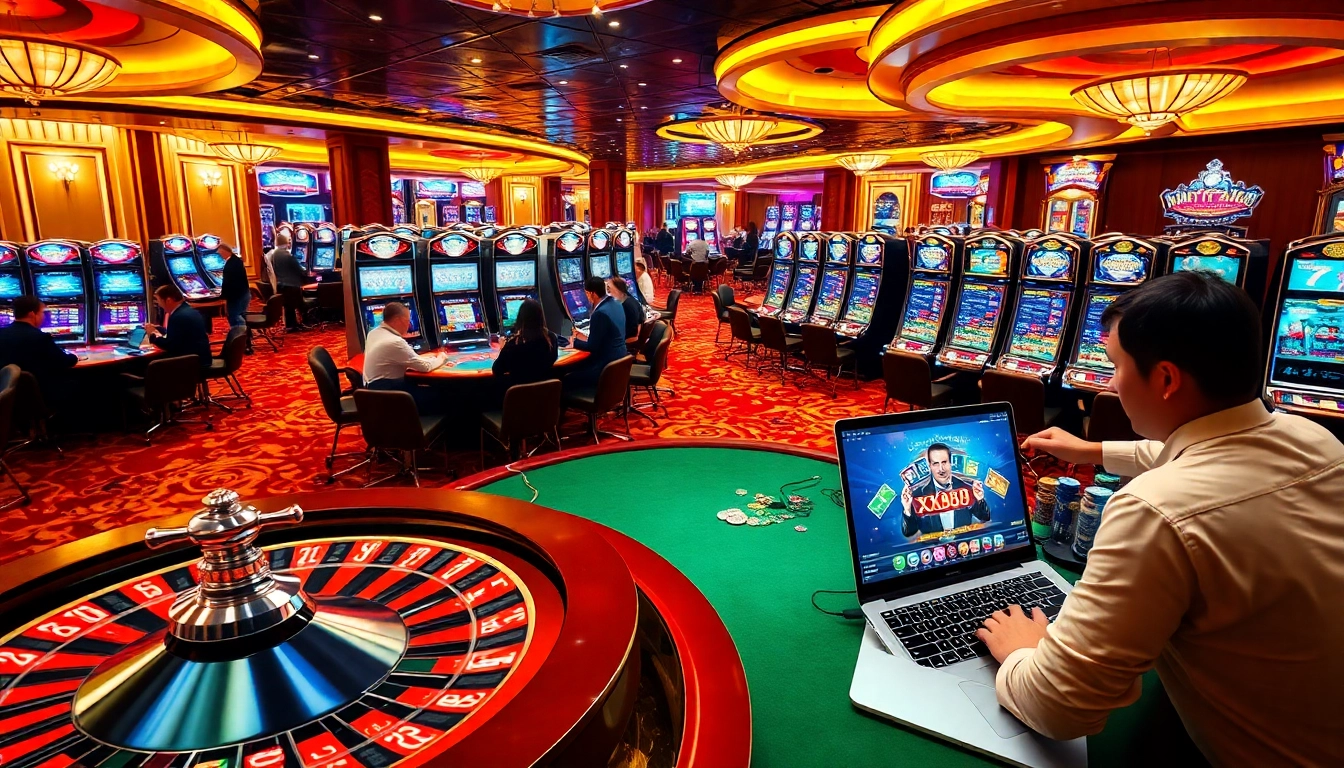 Players engaging in thrilling games at XX88 online casino, showcasing excitement and luxury.