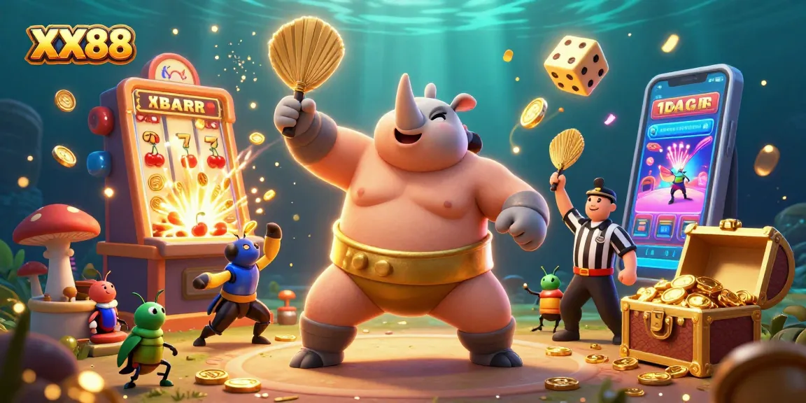 XX88 showing a lively casino scene with a beetle champion, coins flying, and slot machine bursts.