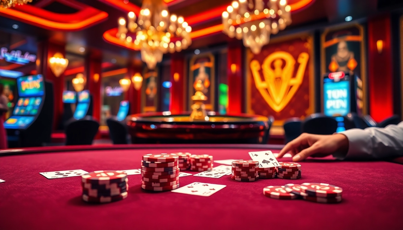 Sunwin elevates casino excitement with players engaged in intense poker action amid luxurious surroundings.