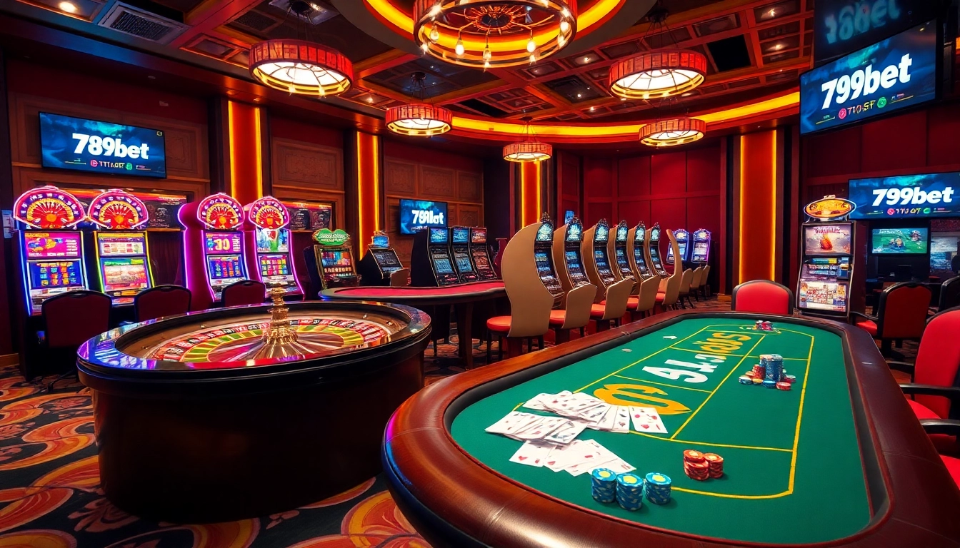 Experience the excitement of gambling at 789bet with vibrant casino tables and slot machines.