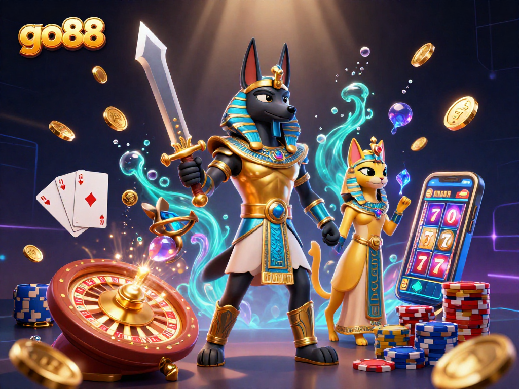 Experience go88's dynamic gameplay with Anubis and Bastet amidst casino elements and treasures