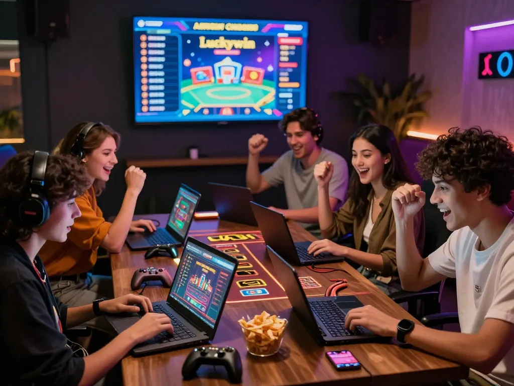 Friends enjoying gaming and casino fun on Luckywin platform in an exciting environment