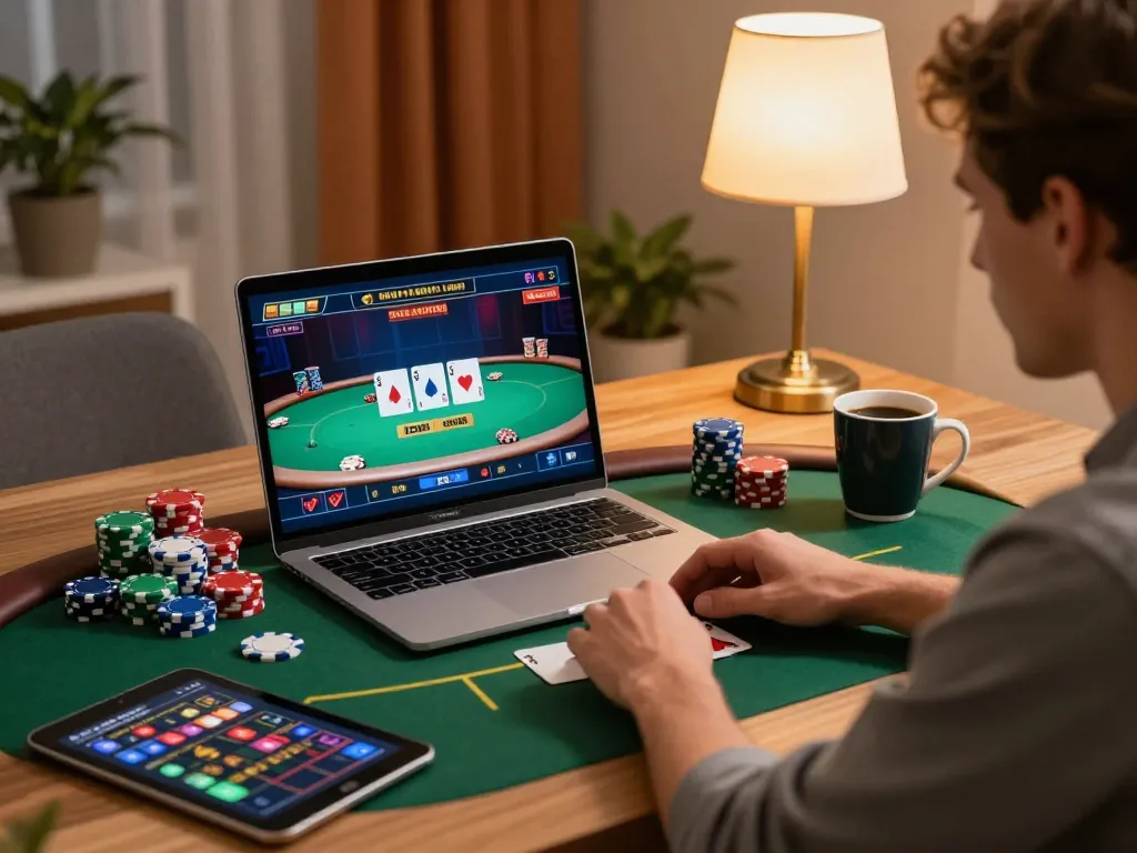 HM88 gaming strategy session with chips and poker interface; a focused player ready for wins.