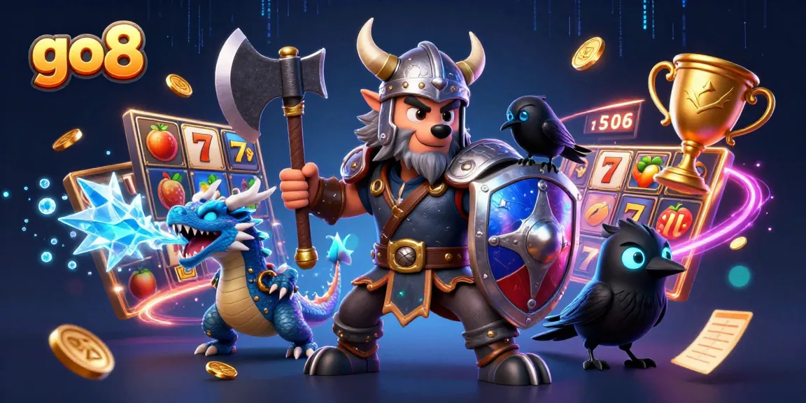 go8 champions spin the reels celebrating jackpots with Viking warrior and dragon