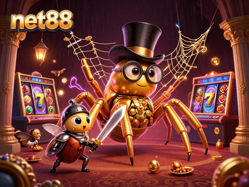 Engage with net88's thrilling slots through an imaginative 3D casino illustration featuring a golden tarantula.
