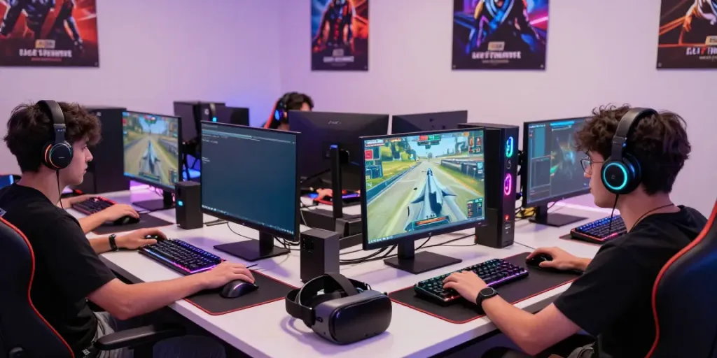 Friends enjoying F168 gaming competition in a vibrant lounge.