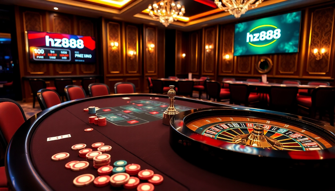 Engage in high-stakes poker at an elegant table featuring hz88 chips and cards.