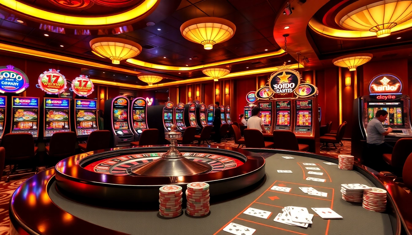 SODO Casino gaming floor with players enjoying roulette, slot machines, and poker.