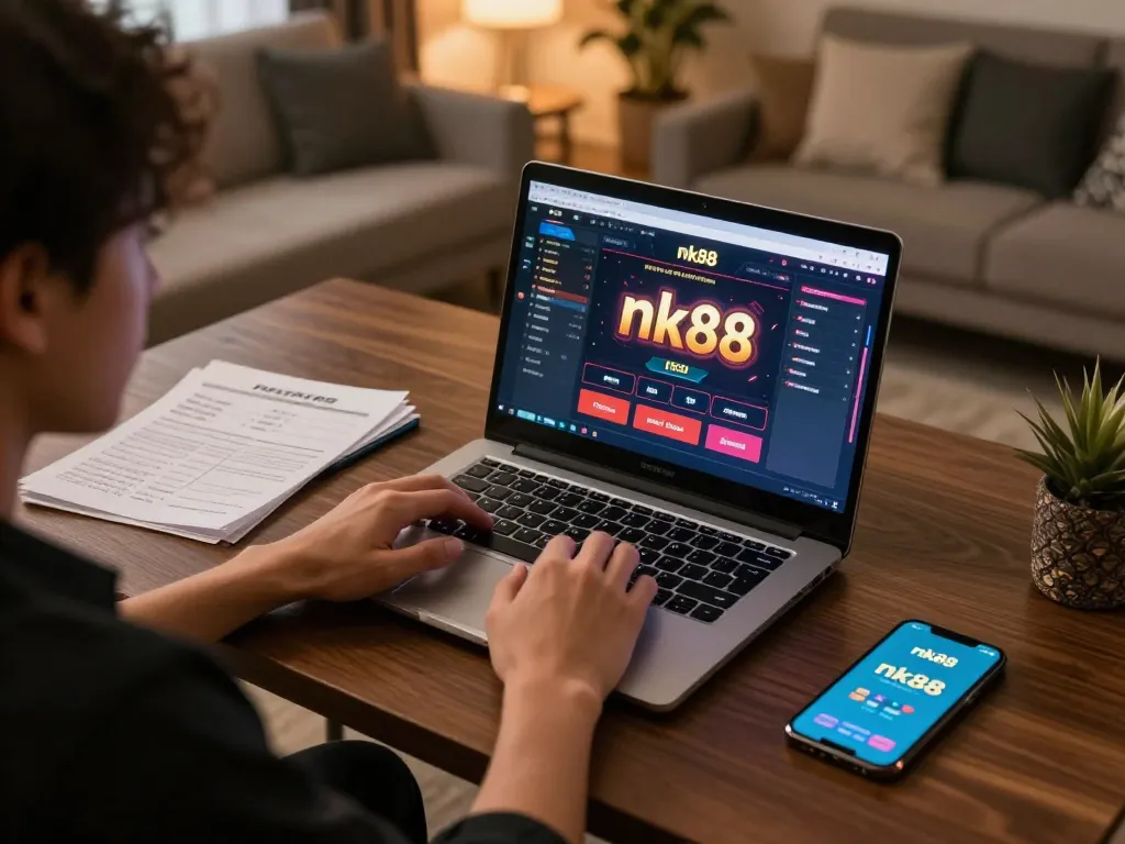 Engaging in nk88 game on laptop at home, with detailed betting notes and mobile app visible