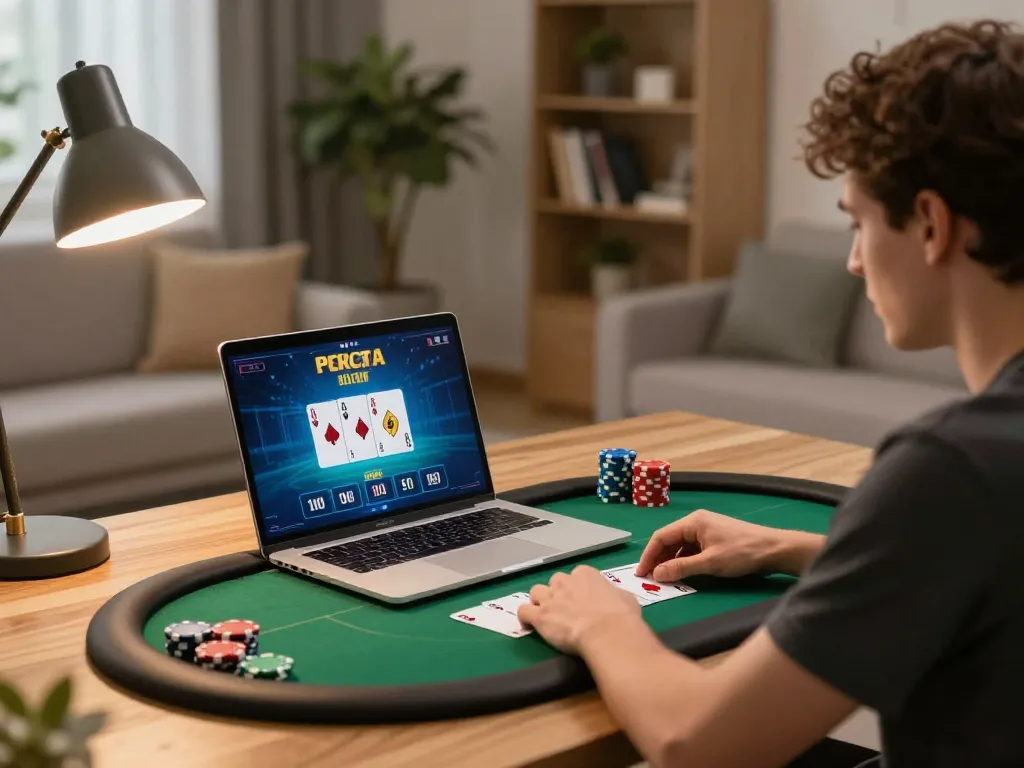 FLY88 gaming experience on a laptop with vibrant poker game interface, depicting strategic play.