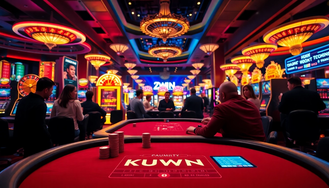 Experience the excitement at a KUWIN-themed casino table with vibrant poker chips and sleek game interfaces.