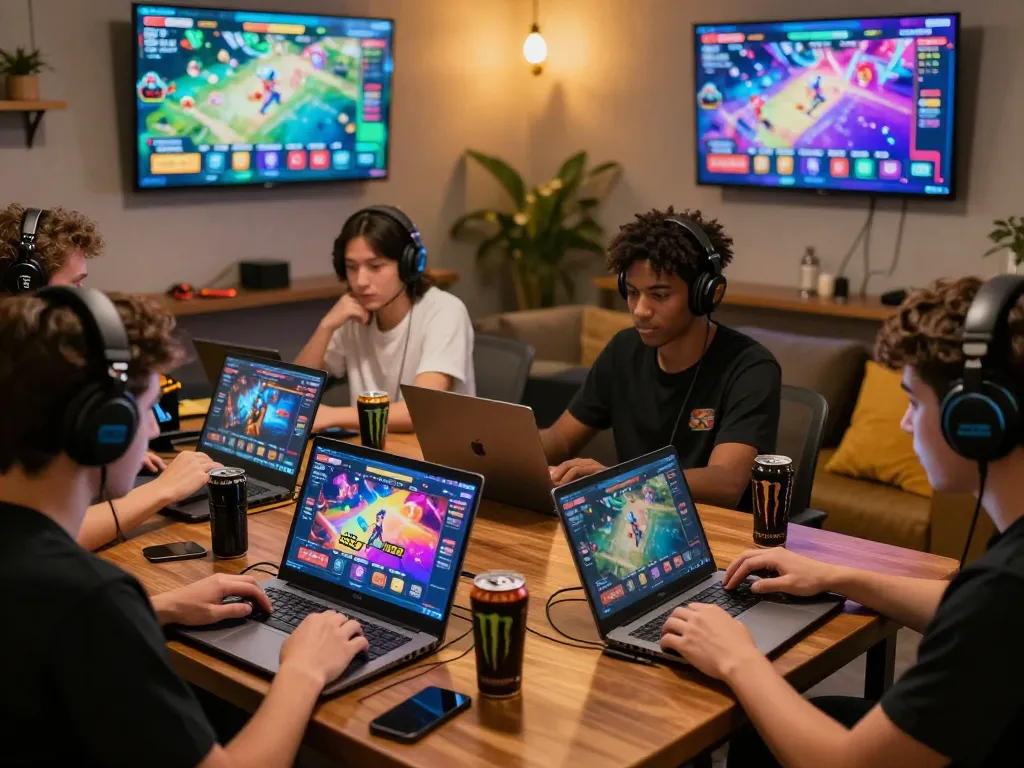Dynamic SC88 online gaming experience with players engaged on various devices in a vibrant lounge.