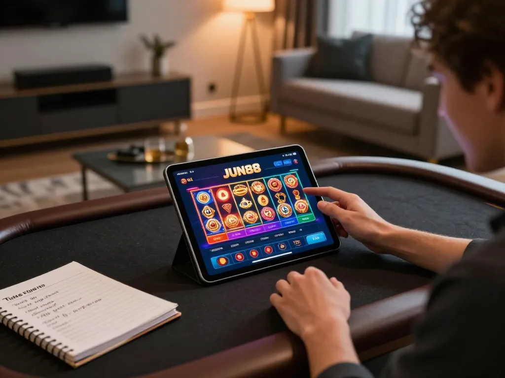 Engaging with the JUN88 casino app on a tablet while exploring exciting online gambling options.