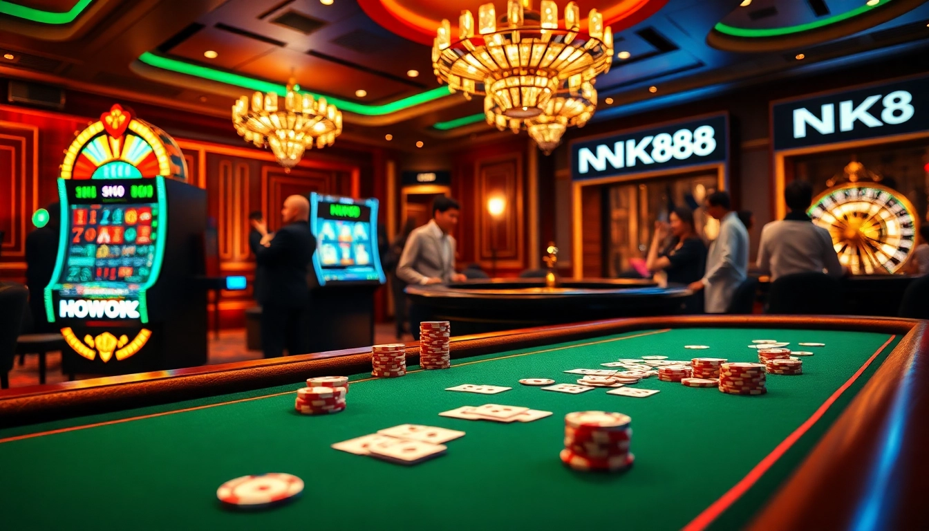 Engage in thrilling card games at NK88's luxurious casino setting with exciting poker action and vibrant slot machines.