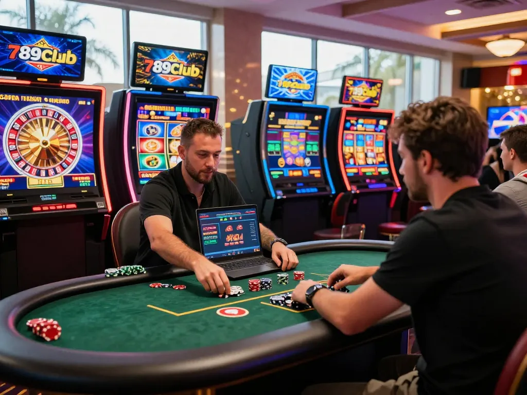 Engaged player at 789club online casino enjoying live gaming experience with dealers and digital displays.