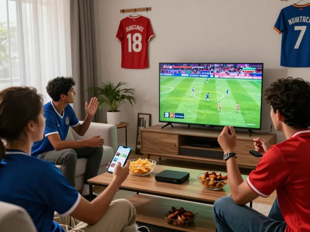 Socolive live soccer streaming scene with friends watching match together at home