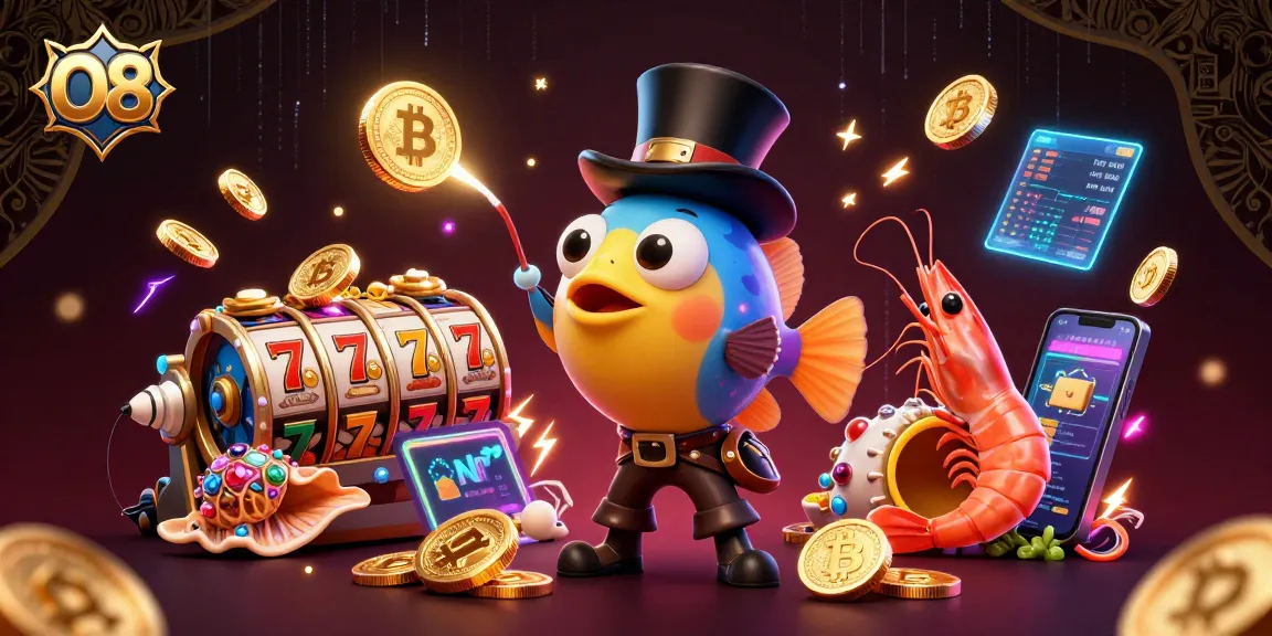Engage with O8's thrilling slots scene featuring anglerfish, shrimp, and sea snail amid glowing crypto coins.