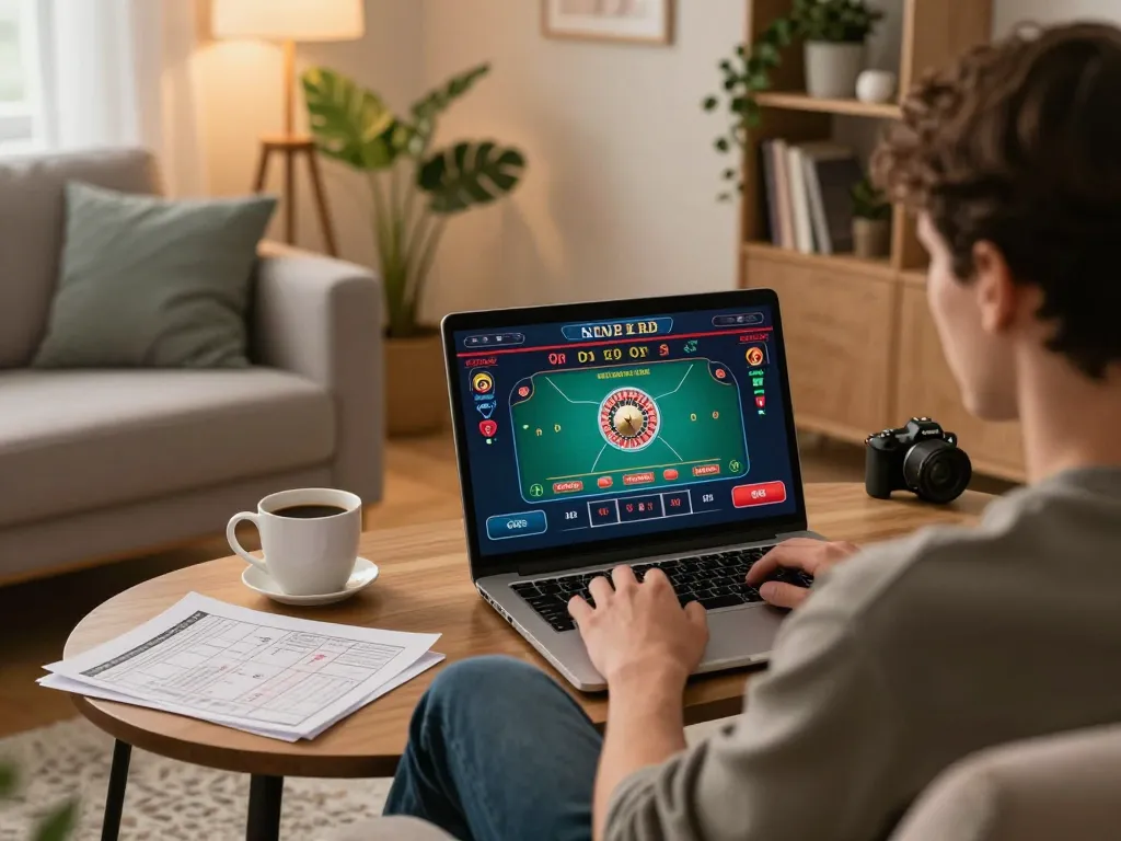 Engaged in online betting, nhà cái 79king player enjoying a live dealer roulette game in a cozy setting.