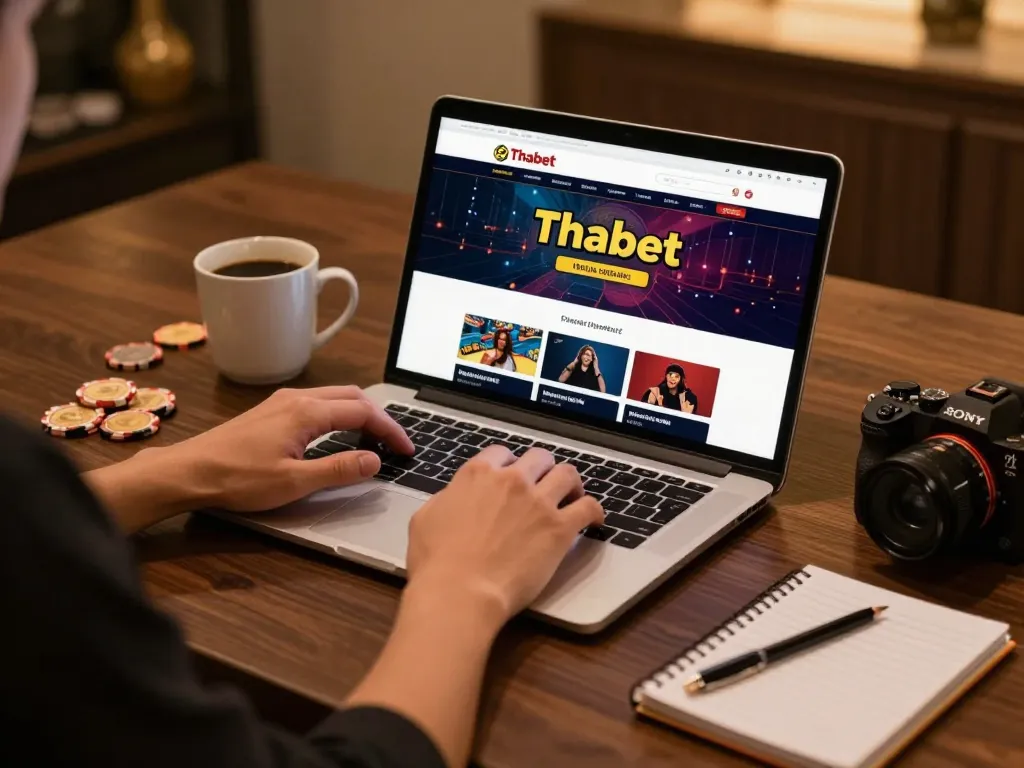 Engaging in online gaming at Thabet with laptop setup, showcasing strategies and a cozy environment.