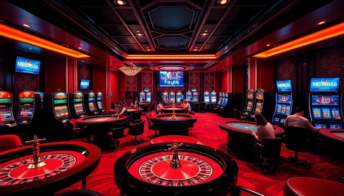 Experience the thrill of gambling at MB66's luxurious casino with vibrant gaming tables.