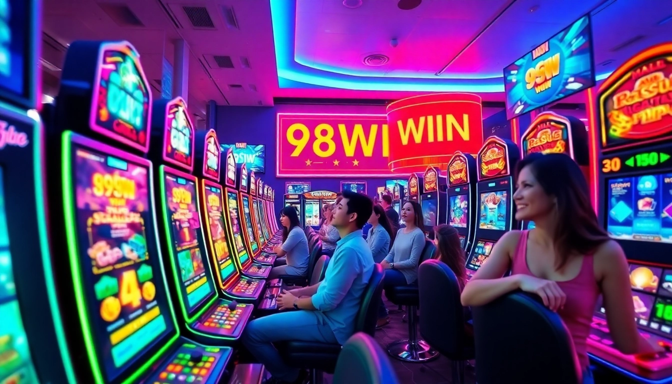 Exciting 98WIN online gaming scene with vibrant slot machines and engaged players.