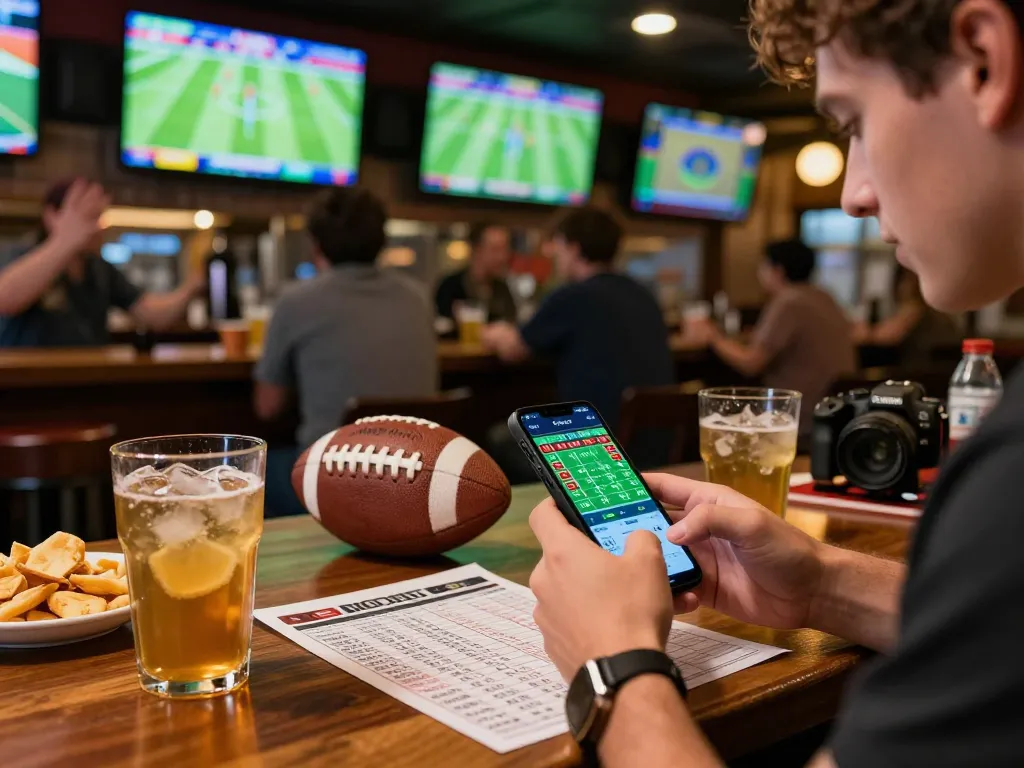 Betting on F8bet with excitement during a live sports event at a social venue