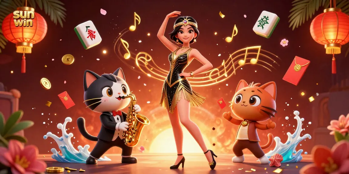 Experience thrilling games and promotions at sun win with a vibrant casino-themed illustration featuring unique characters.