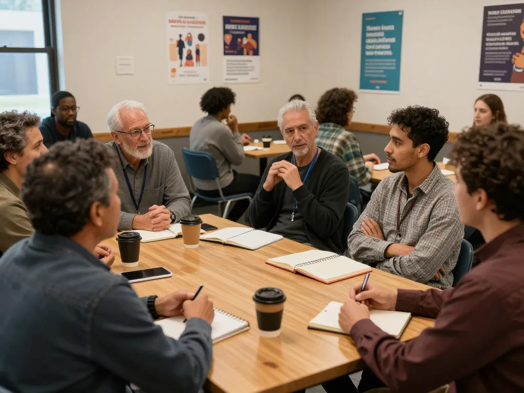 Men sharing experiences in a supportive manclub environment, fostering mental health awareness and camaraderie.