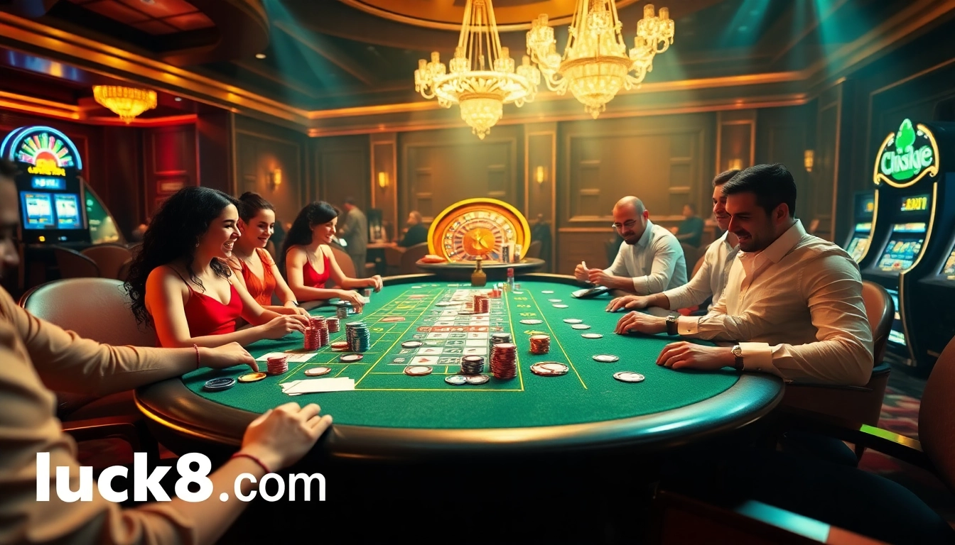 Players enjoying high-stakes excitement at luck8.com casino tables, showcasing vibrant chips and cards.