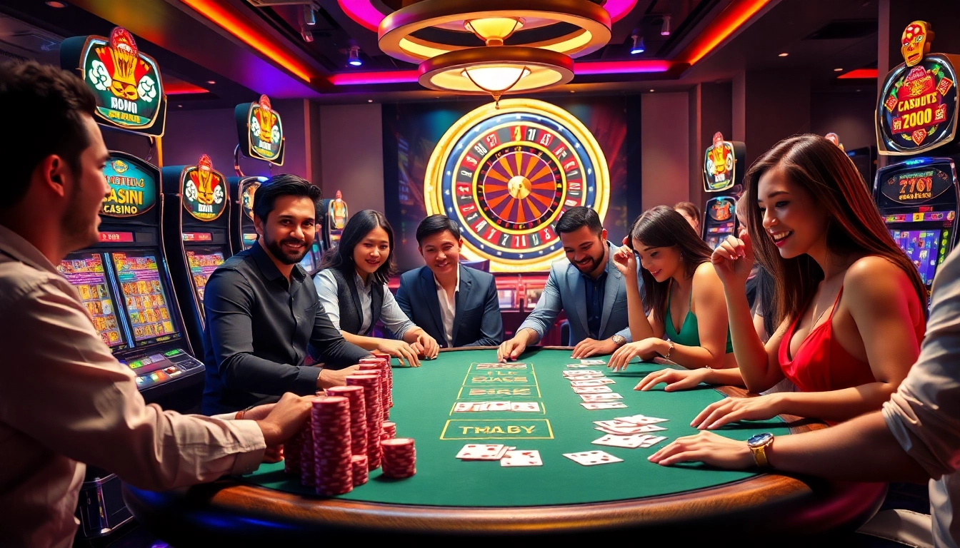 Engaging poker players enjoying their game at https://789betg.com/ amidst vibrant casino visuals.