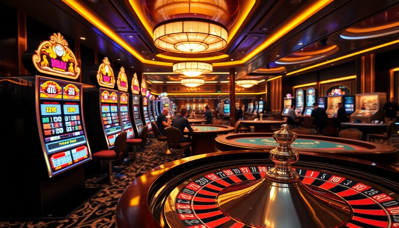 Engaging scene of gamblers playing at 69vn casino tables with vibrant chips and a roulette wheel.