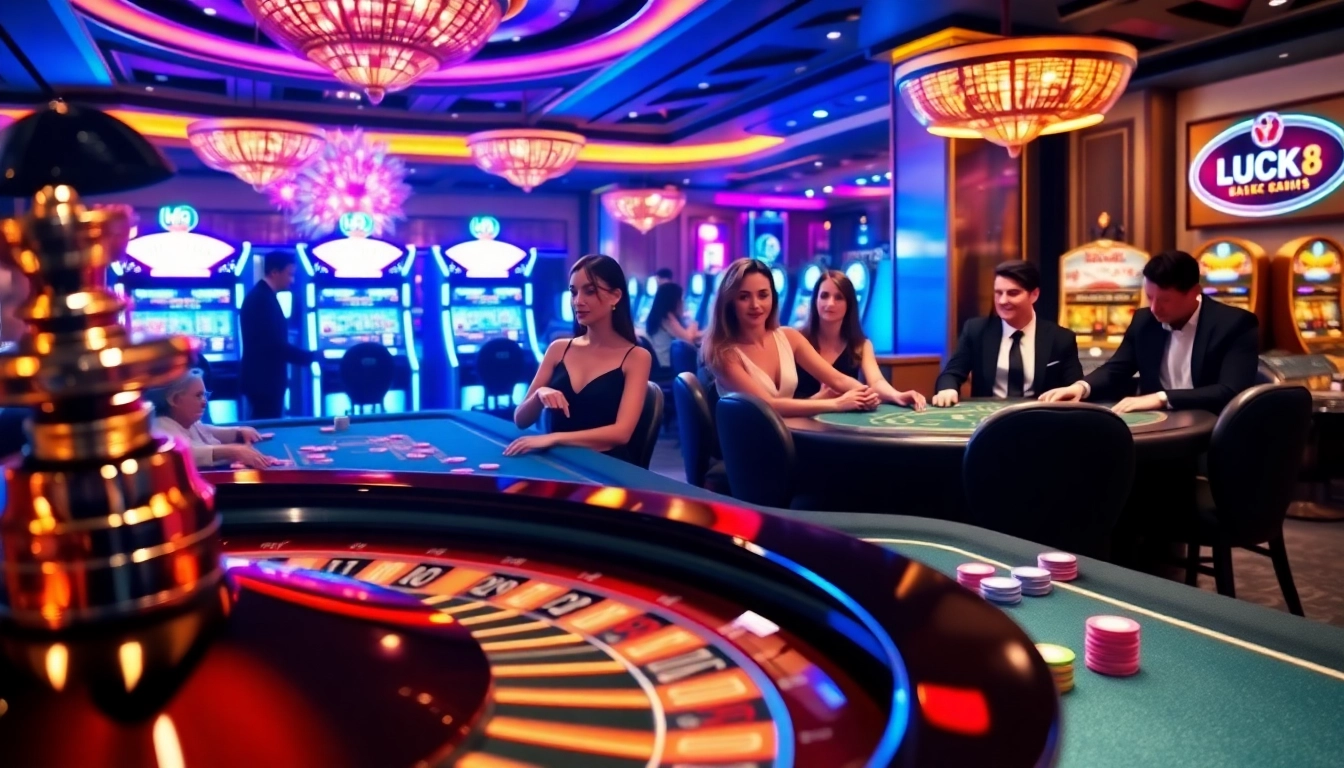 Engaging casino scene with LUCK8 branding featuring roulette and excited players.