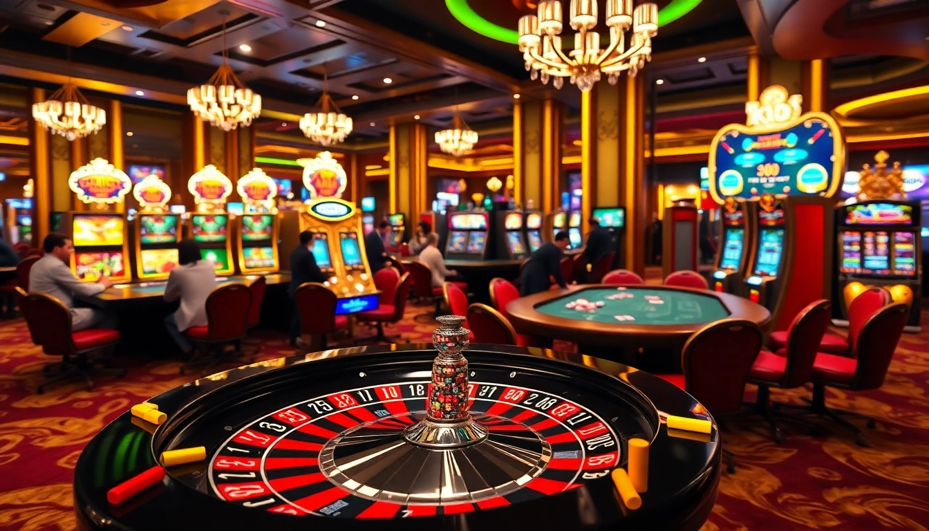 Engaged players enjoying games at kjc.com in a luxurious casino setting with vibrant roulette and poker tables.