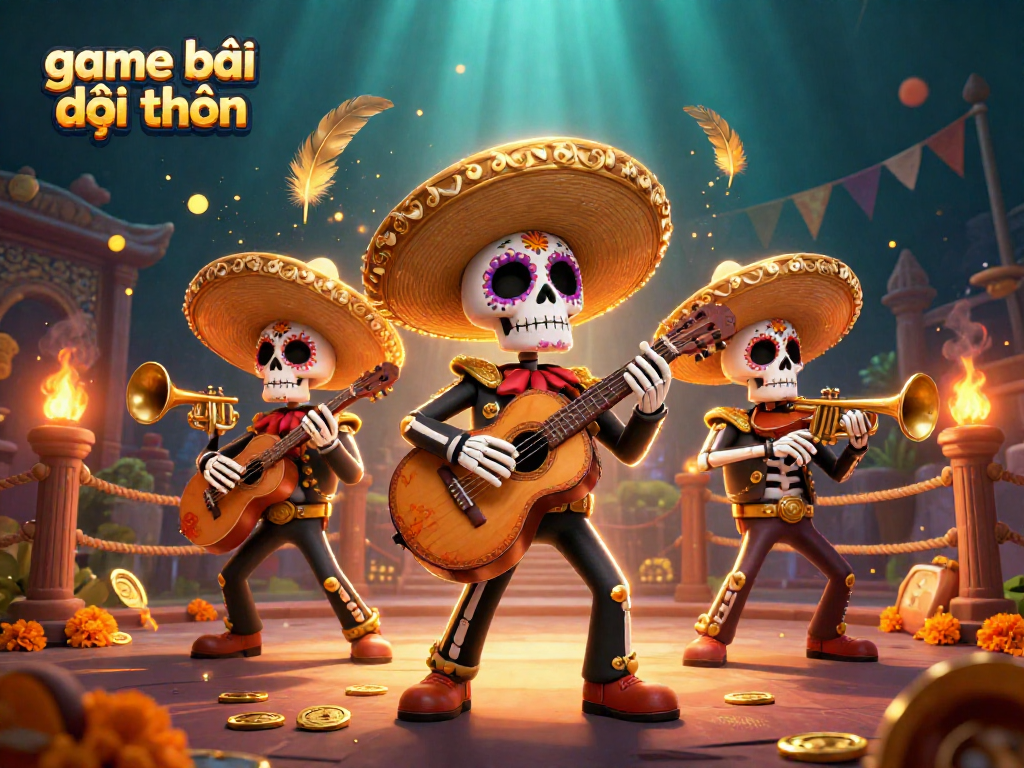 Immerse yourself in game bài đổi thưởng with vibrant skeleton mariachi band and rich casino elements.