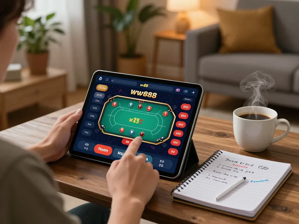 Engaging online gaming with a player strategizing on the ww88 platform at home.