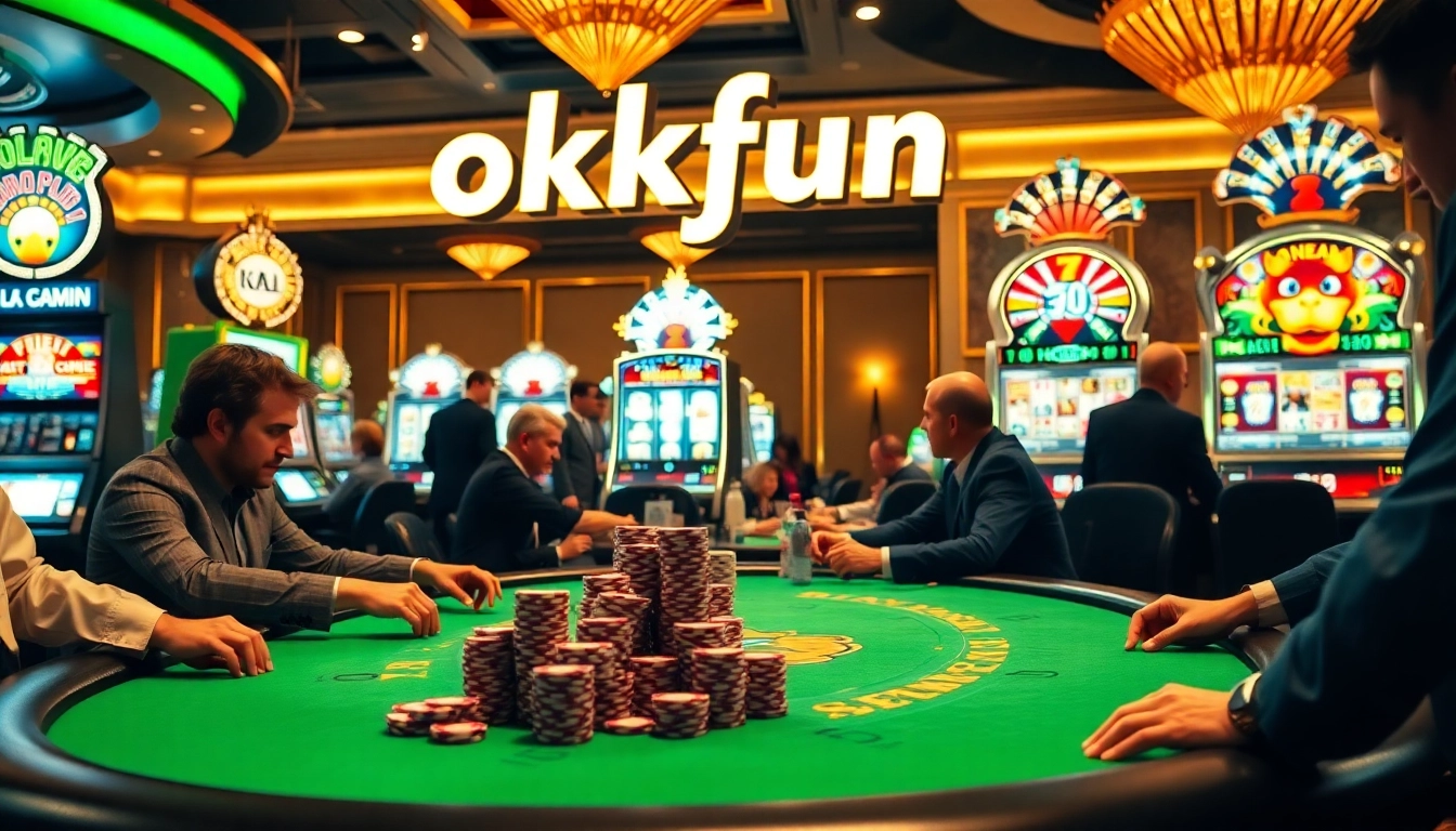 Exciting poker action at okfun casino, showcasing vibrant chips and players focused on winning.