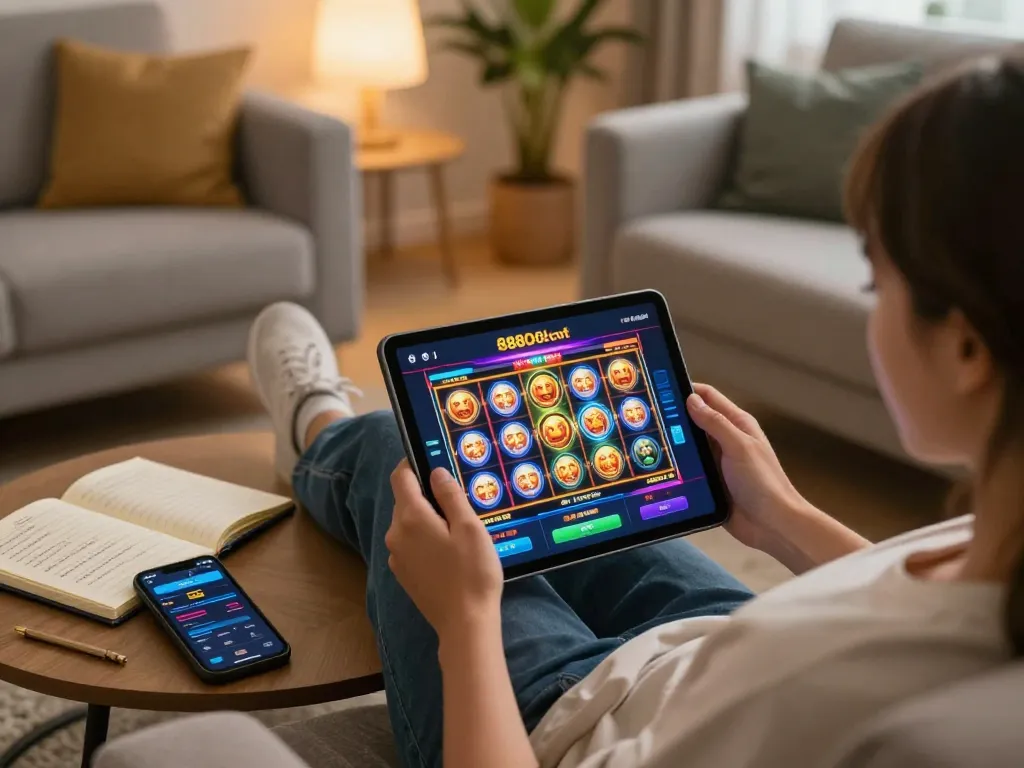 Enjoying a thrilling game session on 888slot com from a cozy home environment with engaging gameplay on a tablet.