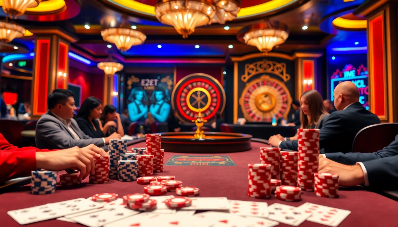 E2bet poker players enjoying a thrilling game with vibrant casino atmosphere.