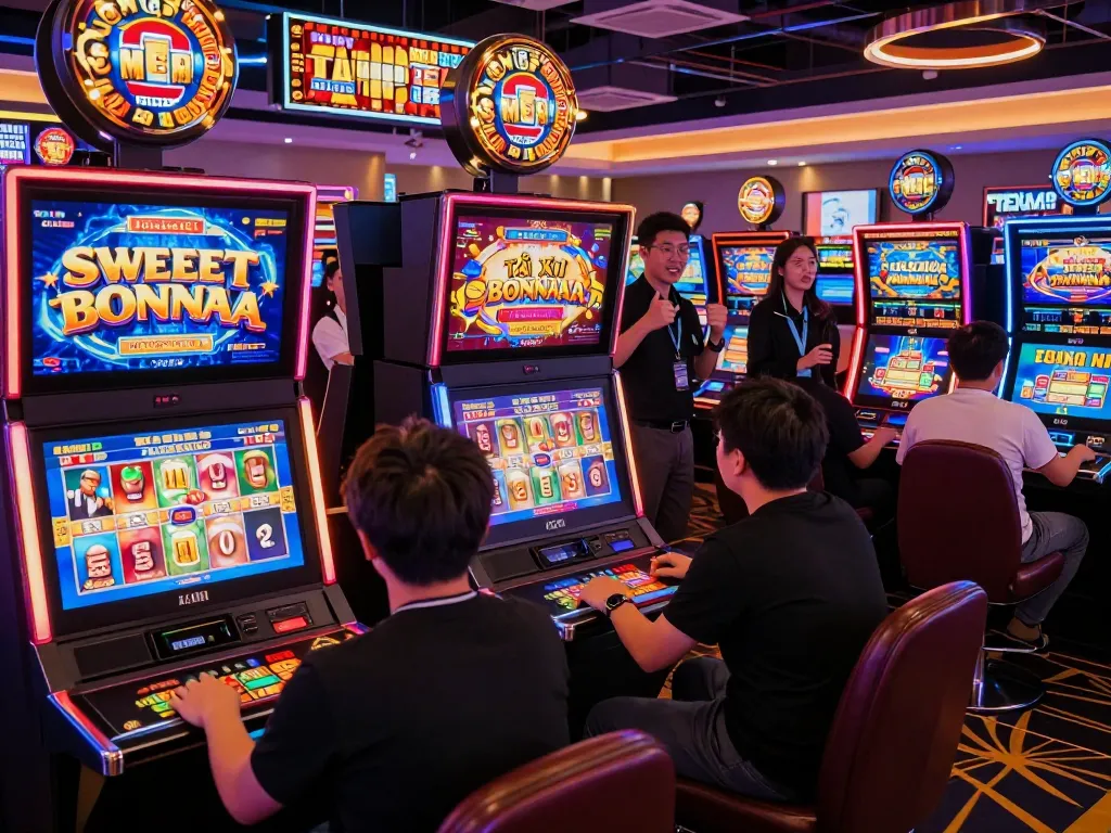 Players enjoying slot games at a vibrant casino, highlighting https://max79.guru/ gaming experience.