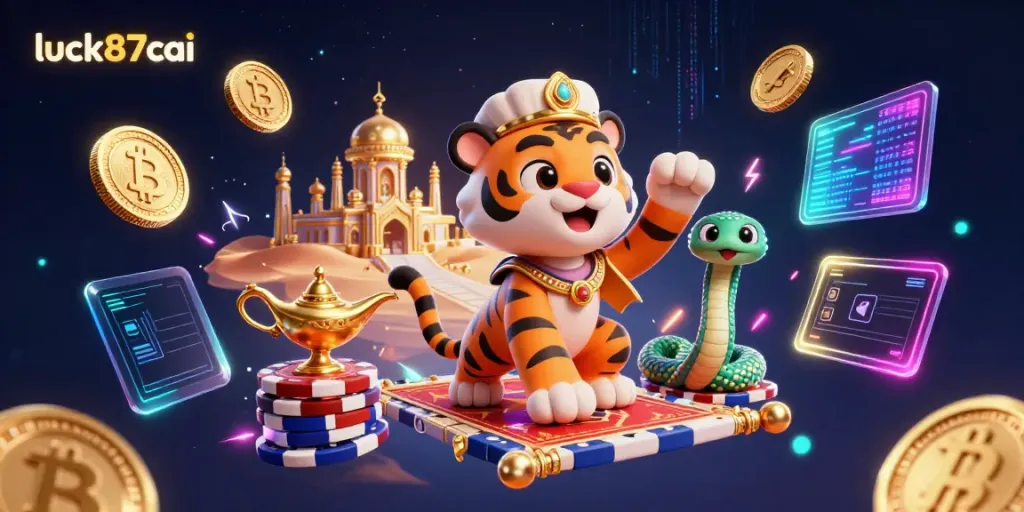 Engage with luck87cai's vibrant 3D casino scene featuring a tiger sultan, crypto coins, and magical elements.