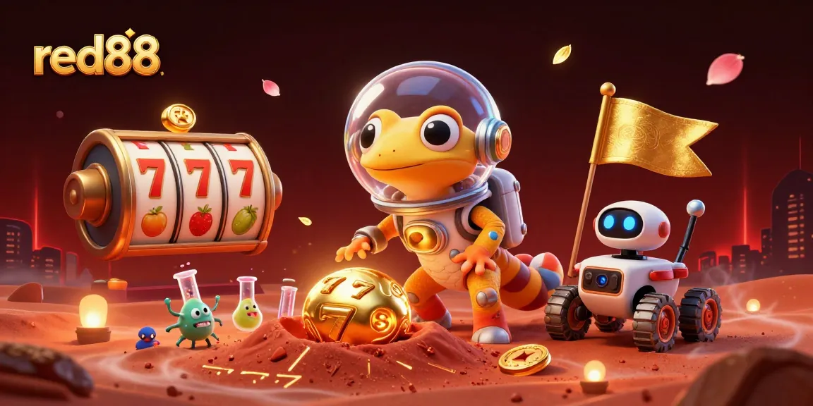 Experience red88 thrills with a Martian gecko discovering a spinning slot casino on Mars