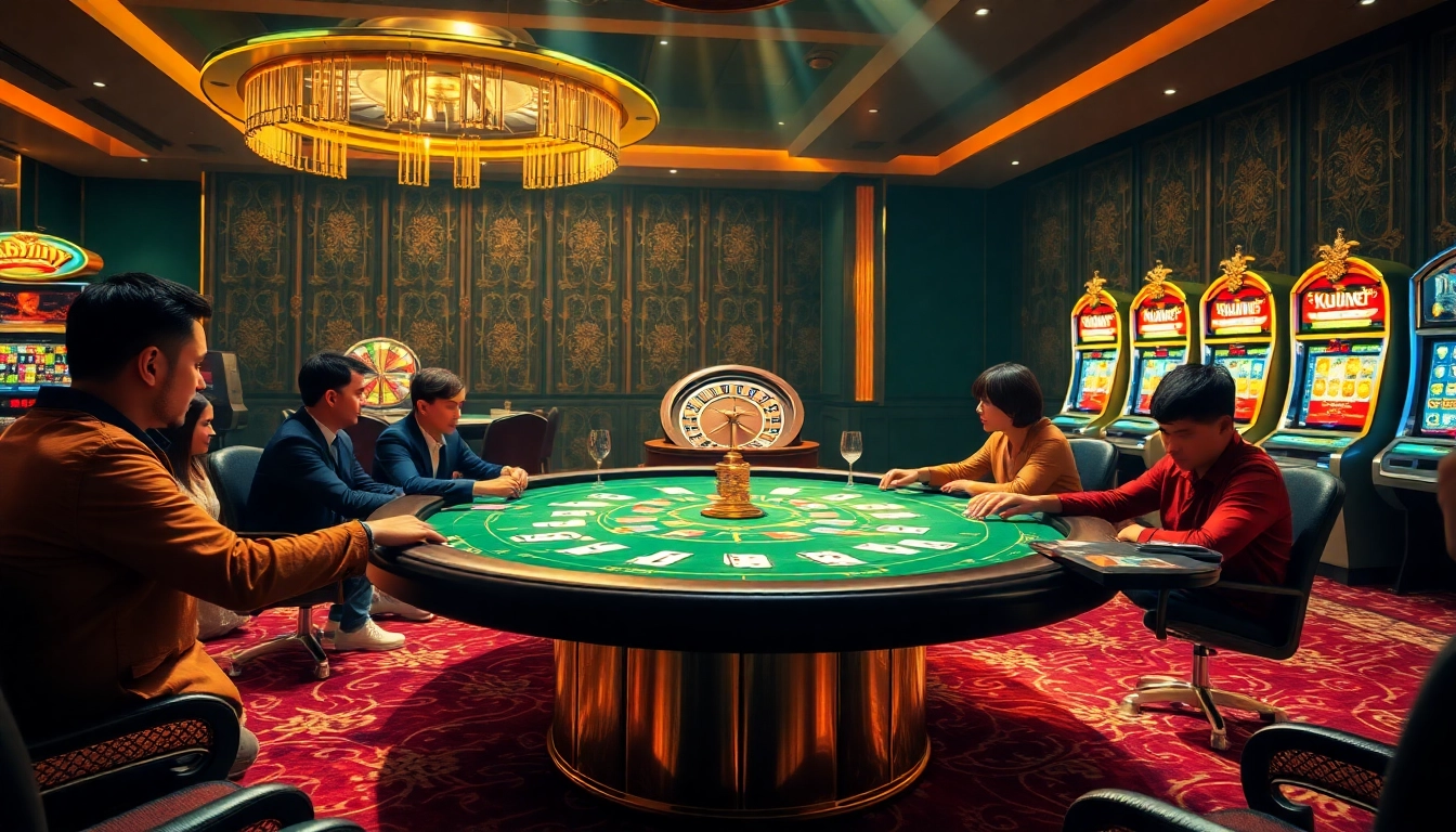 Players enjoy an engaging kuwin poker game at a luxurious casino table filled with chips and cards.