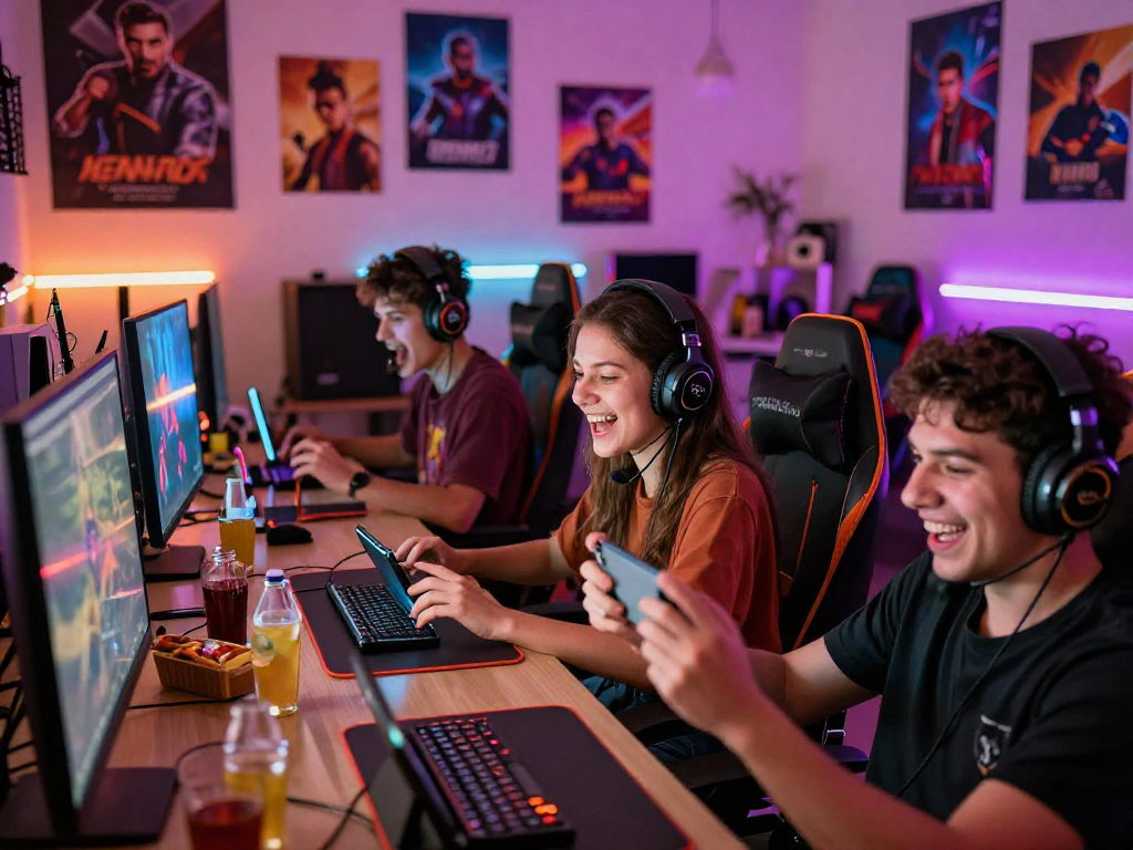 Players enjoying game sex experiences on multiple devices in a vibrant gaming room.