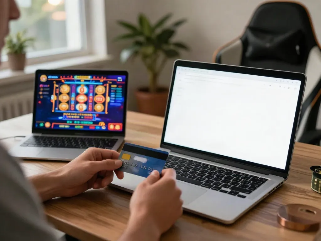 Player engaging with a credit card casino while depositing funds online, depicting an inviting home gaming atmosphere.