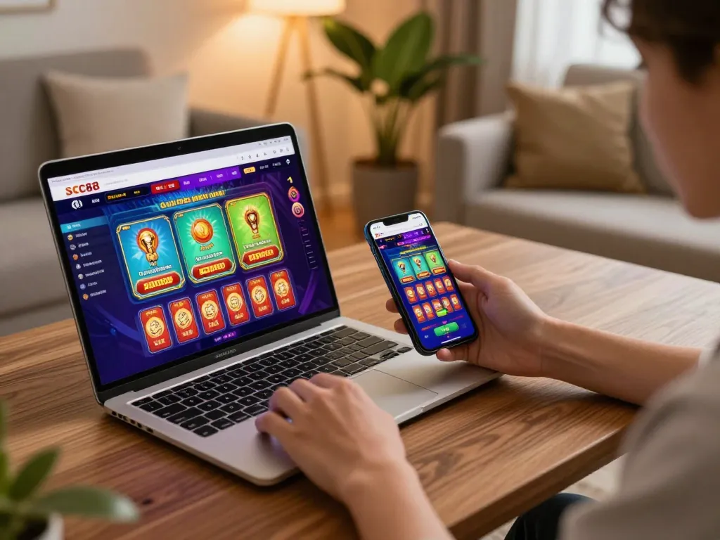Engaging player using SC88 on a laptop and smartphone, immersed in online gaming.