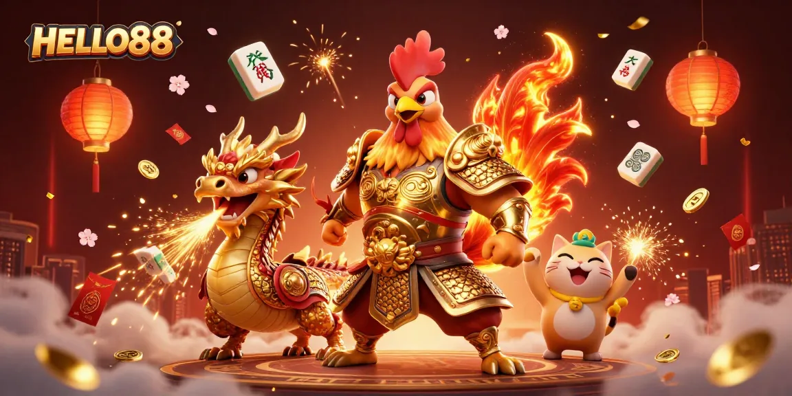 Play thrilling games at HELLO88 with a spirited rooster, dragon, and lucky cat in a vibrant casino scene.