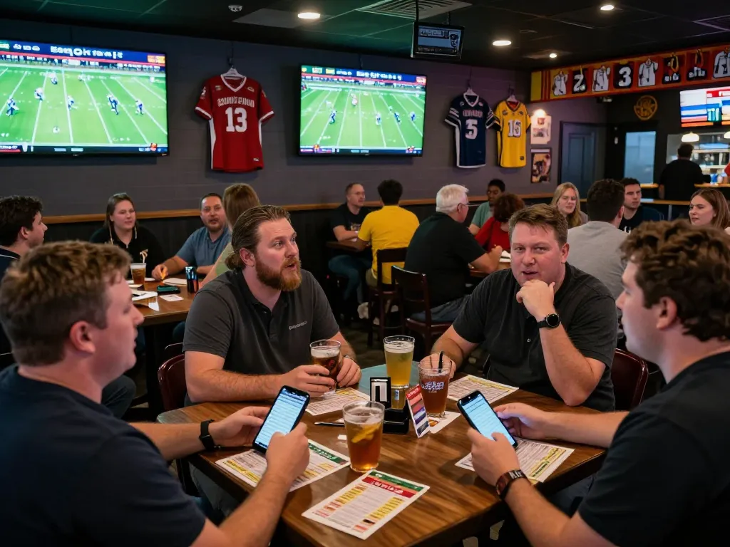 Excited gamblers placing bets on football games in a vibrant sports bar setting.