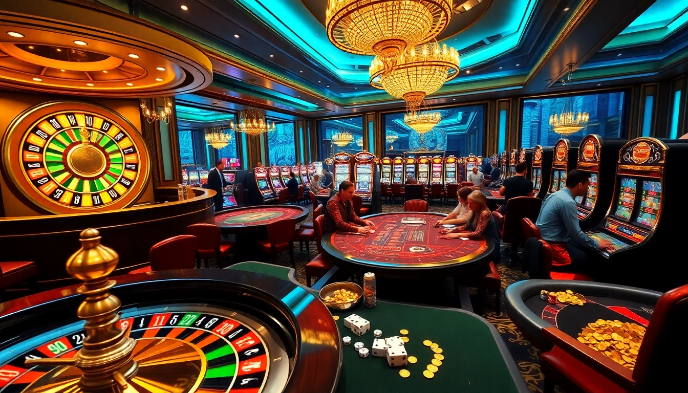 Experience the thrill of gaming at mm88.dance with vibrant casino tables and slot machines.