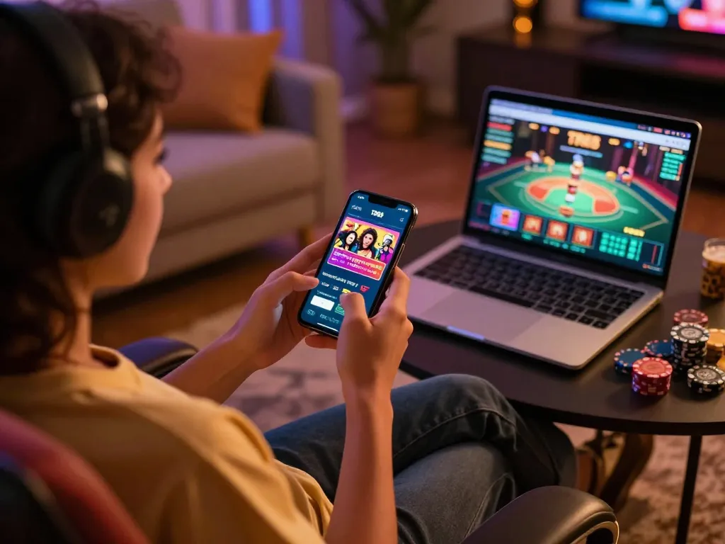 Engaging with the TR88 casino app on a smartphone in a cozy home setup while planning gaming strategy.